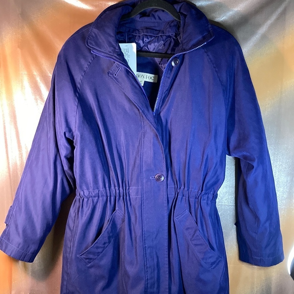 Purple London Fog hip length parka. Zip out quilted lining. No hood. Q. Size M